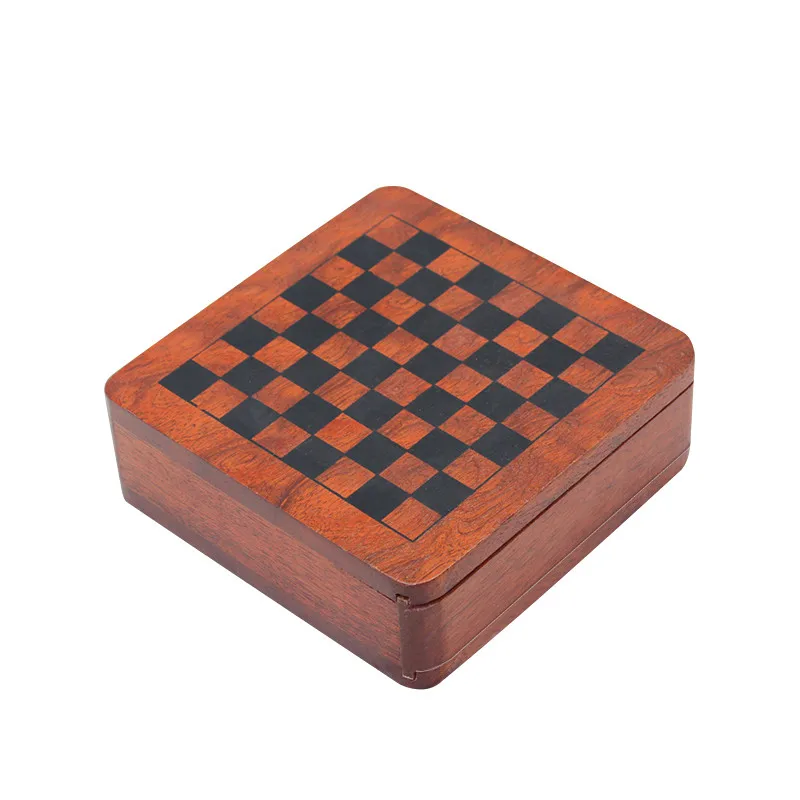 Mini portable wood chess board box with pieces