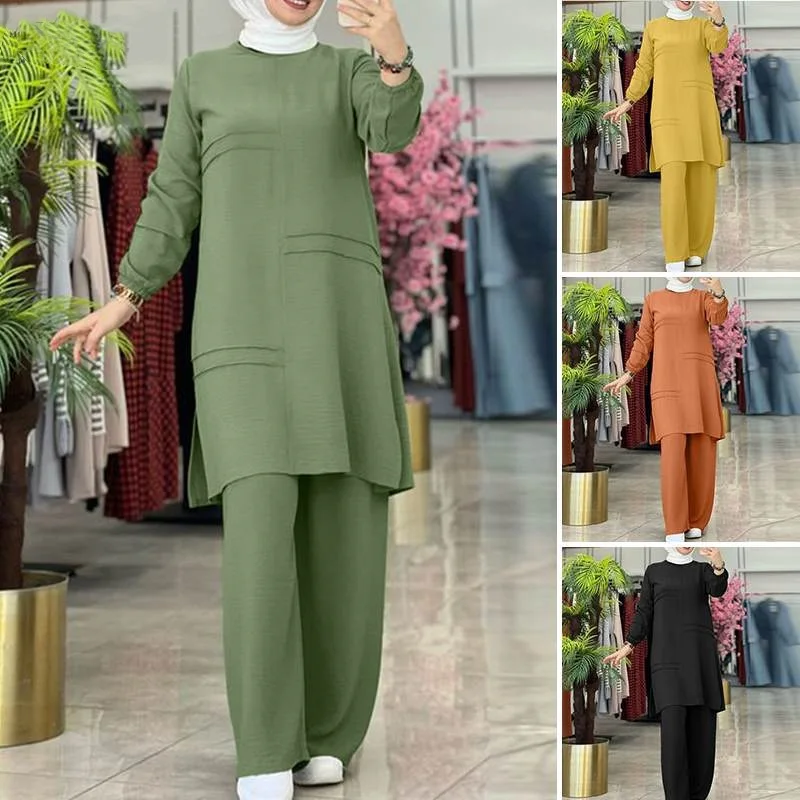 Islamic Clothing Plus Size Muslim Tunic And Pants 2pcs Set Arabic Middle East Solid Ramadan Long Sleeve Ladies Women Suit