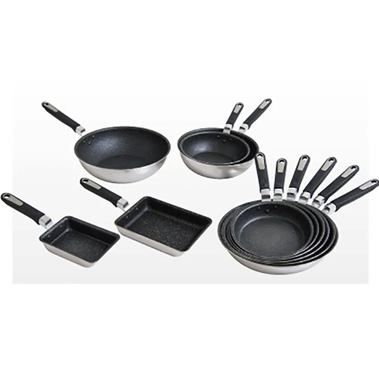 Cast iron frying pan skillet set with wide variety of shapes and sizes