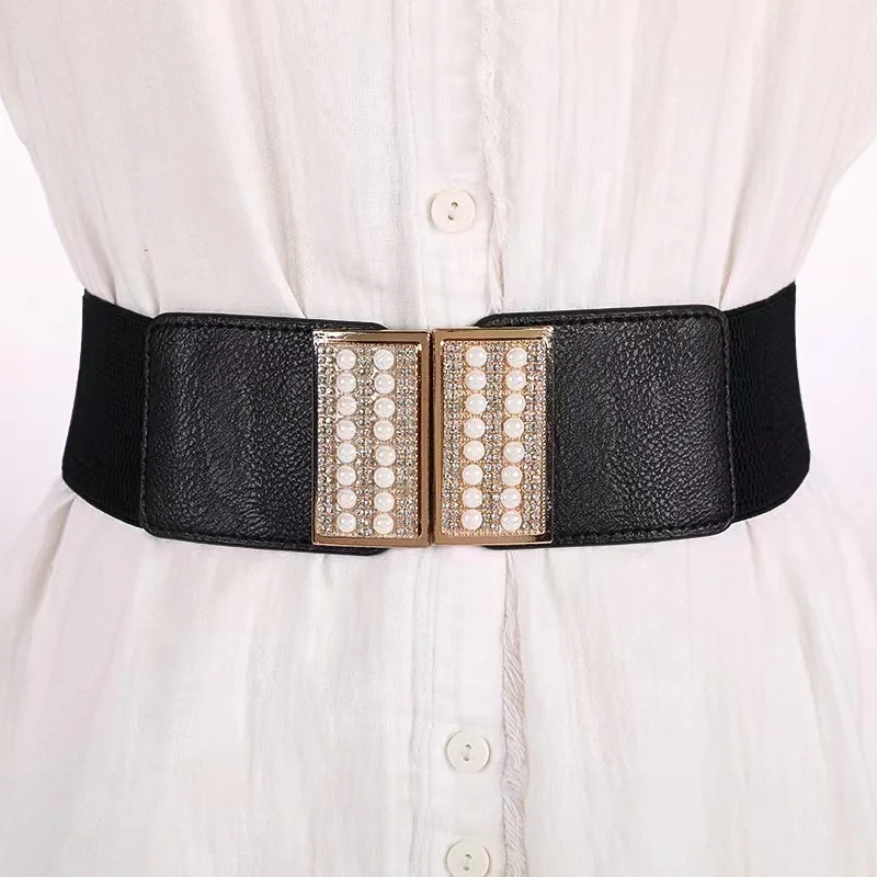 Custom Fashion Waistbands Elastic Belts For Women Dress Elegant Shiny Rhinestone pearl Corset Wide shape Elastic Waist Belt