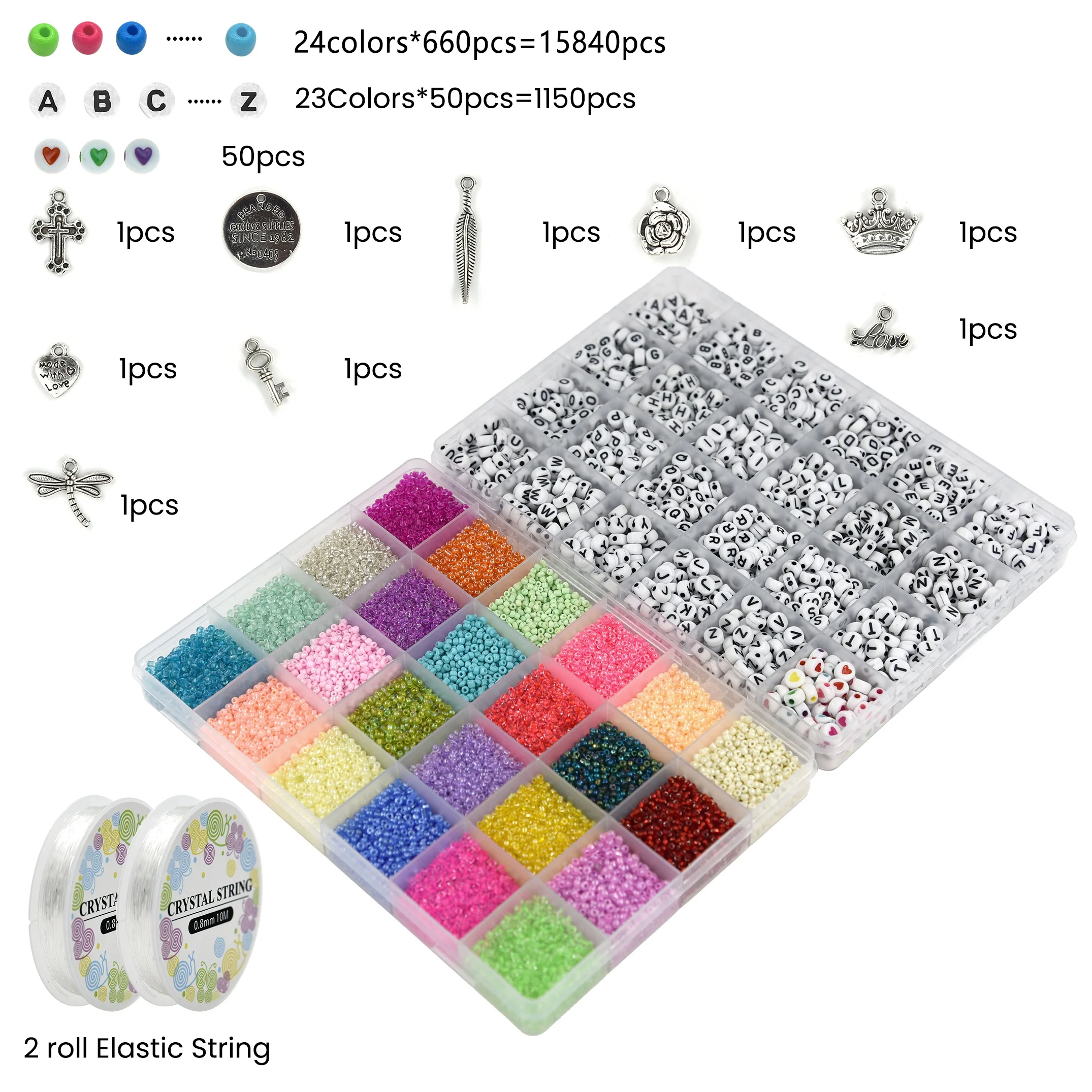 Hot Sales DIY Accessories 24 Colors 2mm 12/0 Glass Seed Beads A-Z Letter Alphabet Charms Craft Kit Set For Jewelry Bracelet Maki