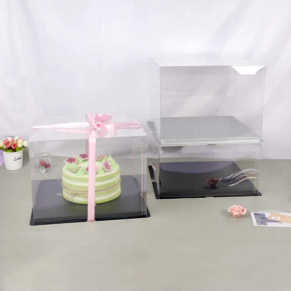 6 8 10 12 Inch Square High Wedding Transparent Acetate Plastic Tall Clear Cake Box Packaging With Lid Handle 10 x 10 x 6