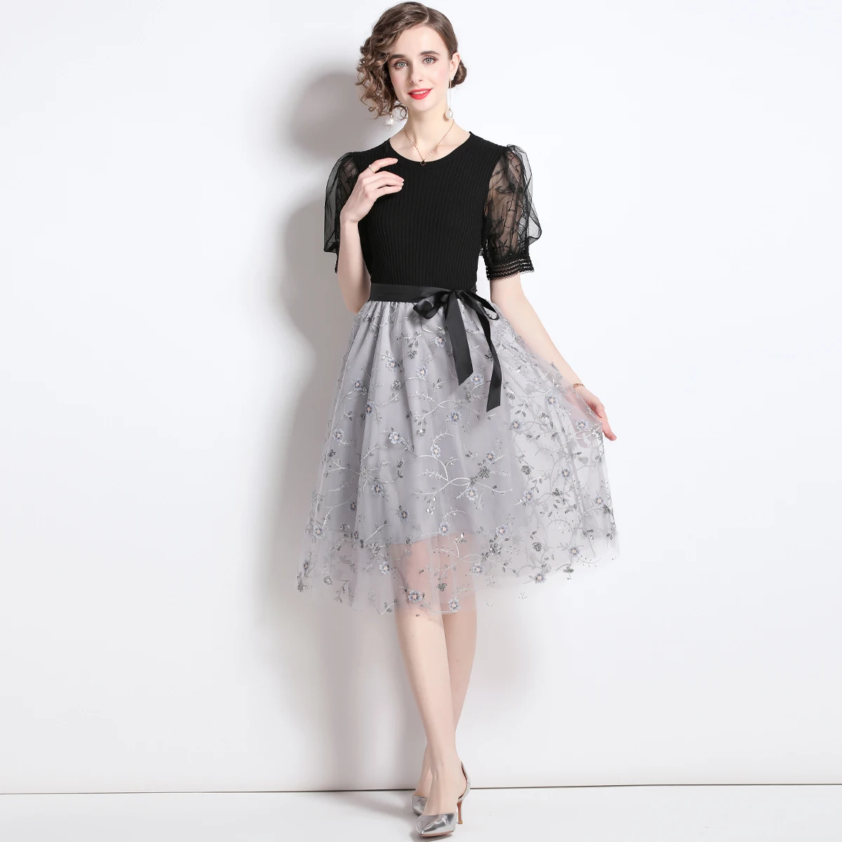 Sequined Embroidered Mesh Black A-Line Dress Elastic Top Bust Waist Short Sleeve Wedding Guest Luxury Evening Dresses 2022