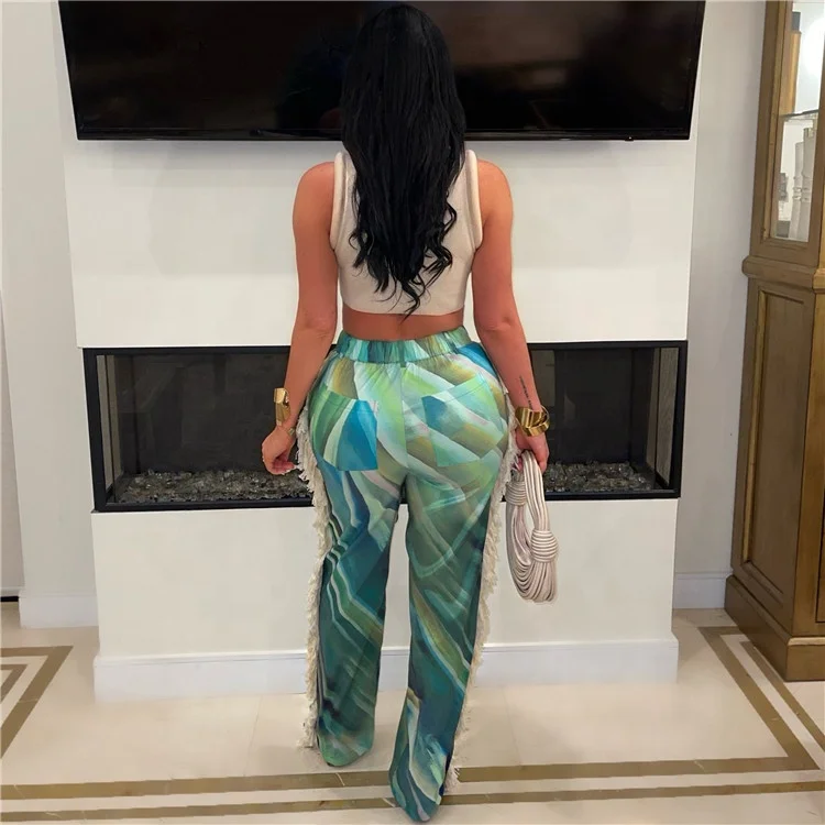 Pattern Print Tassels Pants Women High Waist Trousers Fashion Female Vintage Bottoms