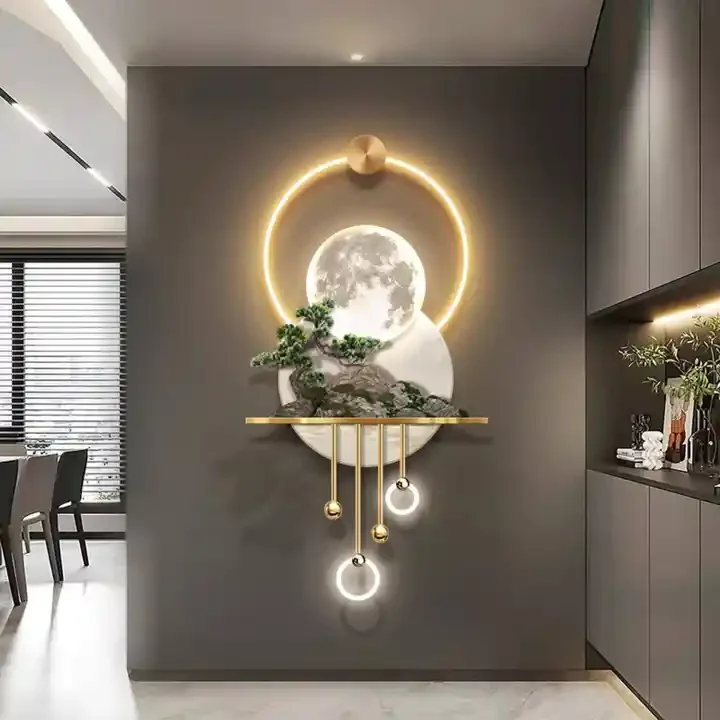 Modern Luxury Newest Chinese LED 3D home wall decoration with artificial tree Metal art acrylic Light landscape animal paintings