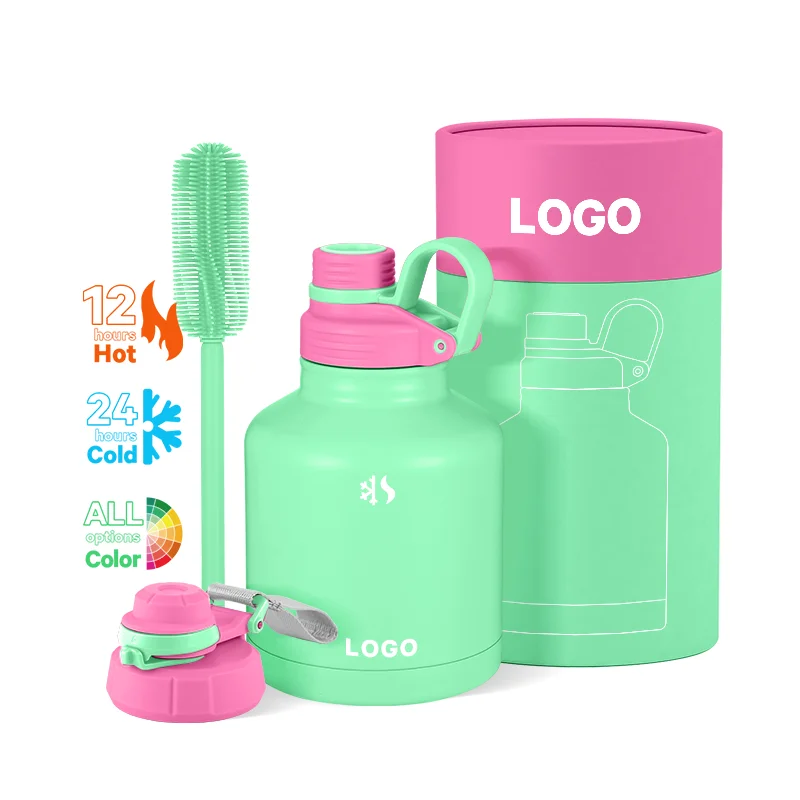 Custom 32oz 64oz Double Wall Insulated Half Gallon Jug Stainless Steel Beer Growler Wide Mouth Vaccum Flask With Handle