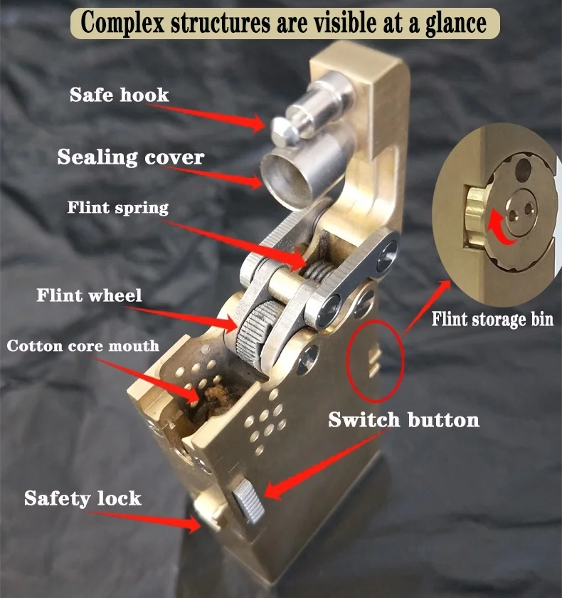 China Luxury Brass handmade stainless steel mechanical automatic catapult kerosene lighter steam punk male custom carved