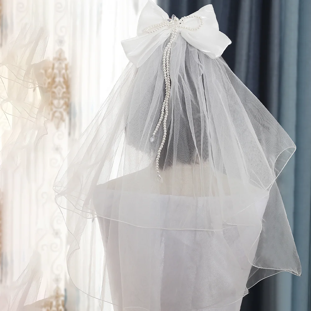 High Quality Handmade Wholesale Lace Wedding Bridal Veils Beaded Bridal Veil Pearl White Double Layer