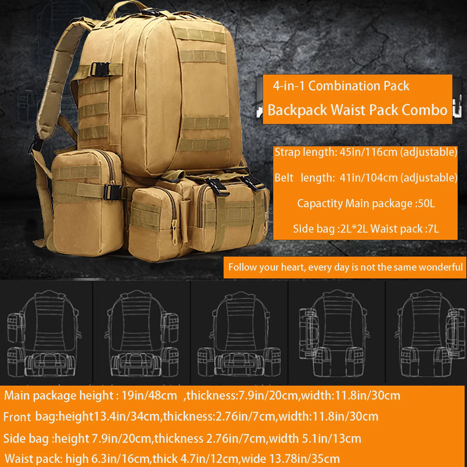 Large Capacity Waterproof Storage Combination Backpack Camouflage Travel Sports Outdoor Mountaineering Molle Tactical Backpack