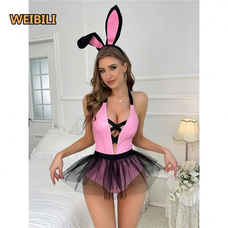 Custom Logo Sexy Pink Bunny Girl Cosplay Costume V Neck Bodysuit With Mesh Skirt and Hairband Teddy Lingerie