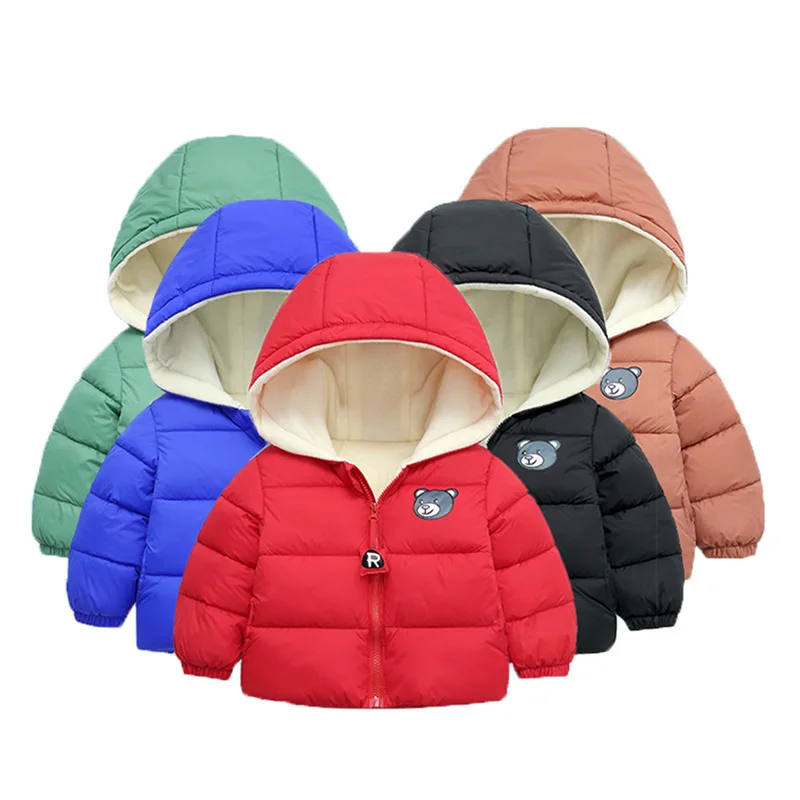 Winter Down Coats for Kids Baby Boys Girls Cute Cartoon Print Bear Light Cotton Padded Jacket Hooded Infant Outerwear