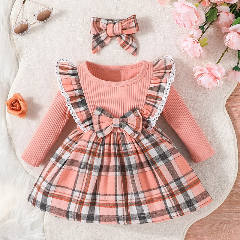 Baby Girls Dresses Christmas Clothes Plaid Patchwork Crew Neck Long Sleeve Dress Fall Casual Princess Dress with Headband