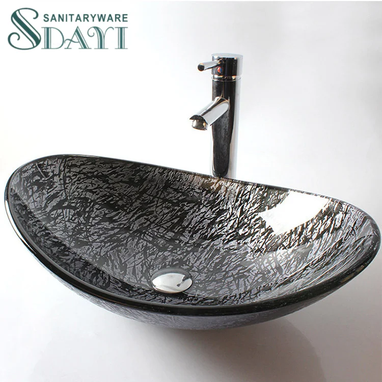 SDAYI Boat Artistic Basin Lavatory Black Above Counter Ingot Crystal Sink WC Tempered Glass Table Top Bathroom Hand Wash Basin