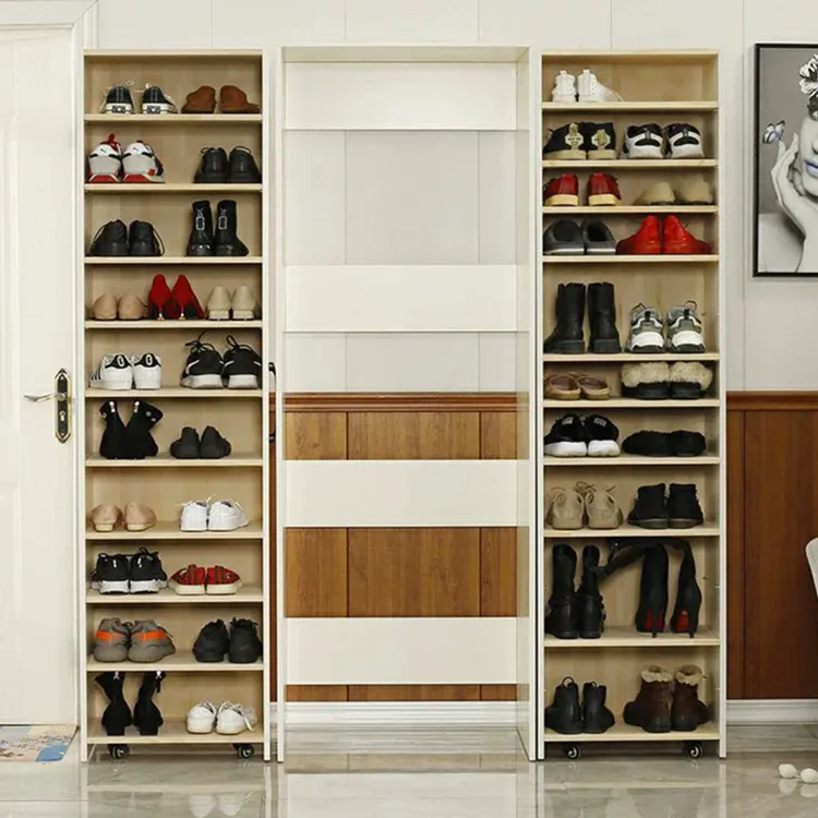 New design nordic space saving wooden foldable Pull out type Side pull shoe rack wall mount with wheels doors