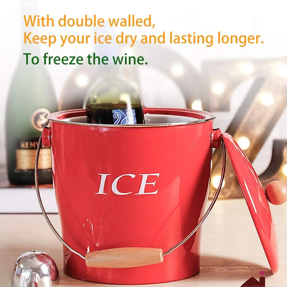 Vintage Red 4L Metal Double Walled Ice Bucket Set For Home Kitchen Gifts With Lid wooden Handle And