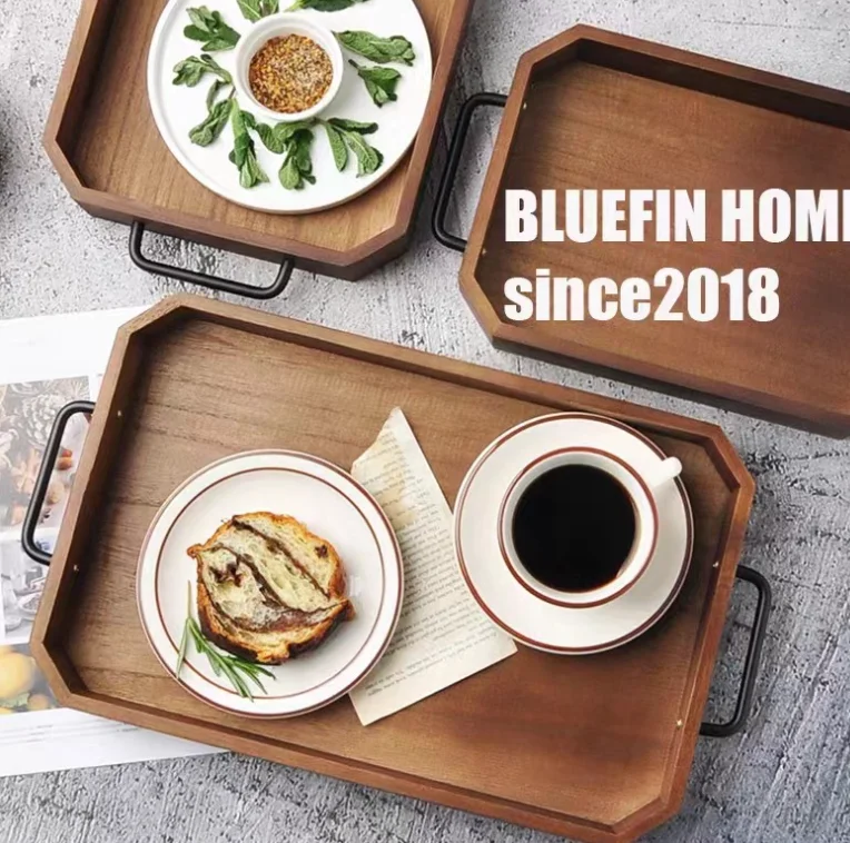 Elegant Custom-Size Walnut and Paulownia Wooden Tray Serving Set Vintage Rectangle Tea Tray with Solid Wood Handle for Home Use