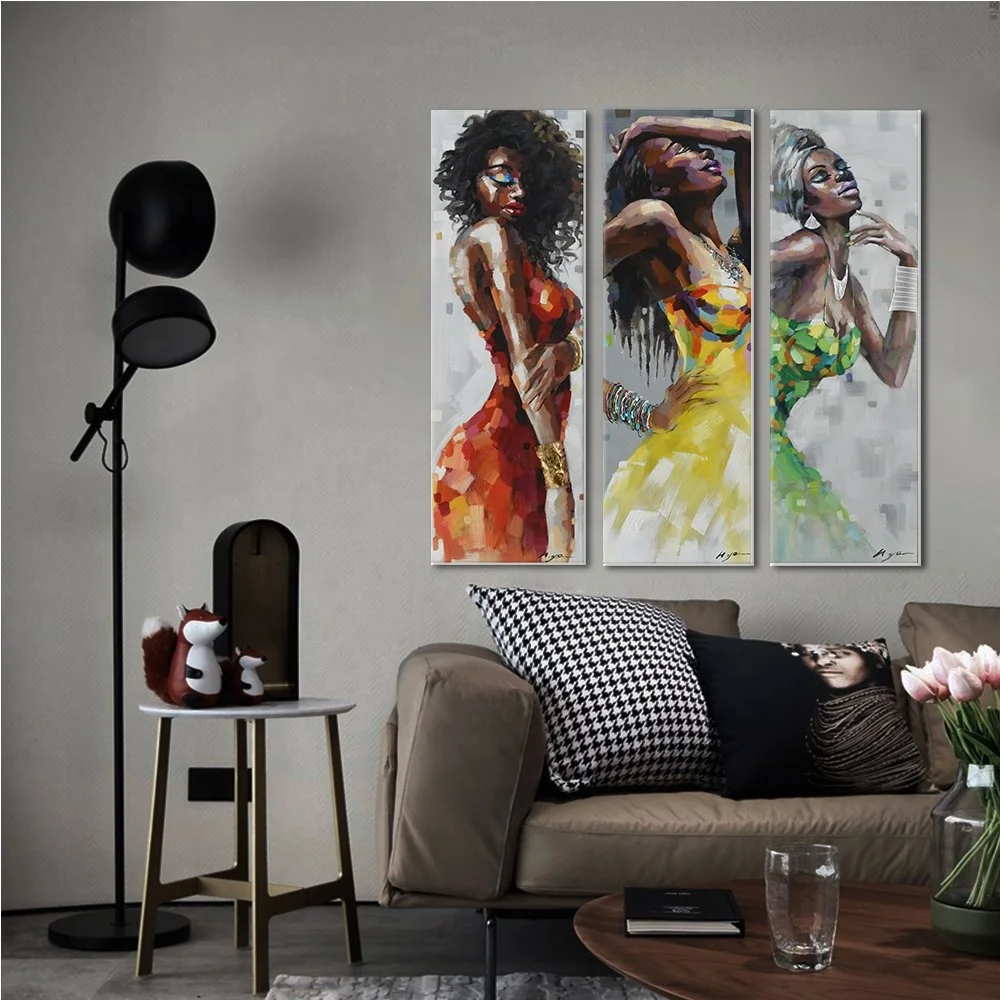 Fashionable Dancing Black Women in Dress African Art Canvas Painting Framed Set of 3 Panels