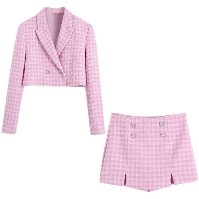 2022 Amazon Hot Women Fashionable Elegant Blazers Jacket And Shorts Set Tweed Fabric Women 2 Piece Shorts Suit Blazers Skort Set