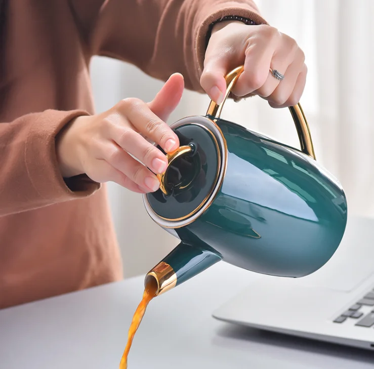 European Household Modern Design Glazed Green Ceramic 6pcs Cups and Teapot Set with Tray