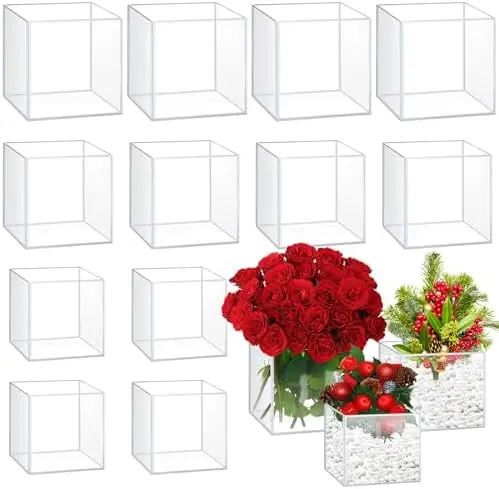 Acrylic Square Vases 3' 4' 5' Cube Clear Flower Decorative Centerpiece for Wedding Home Events Parties-12 Pcs Ensemble