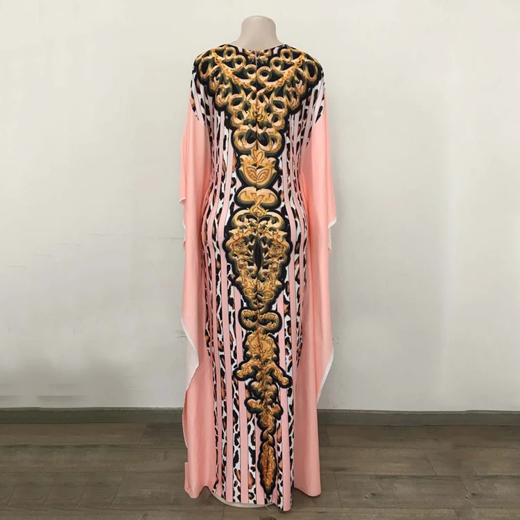 
African Digital Printed Leopard Dot Stripe V Neck Slim Ruffle Long Sleeve Rhinestone Top Skirt Dashiki Dress Kaftan 