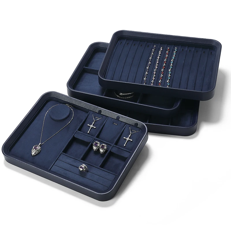DIGU High Quality velvet earrings rings jewelry display tray PU Leather jewelry viewing tray for necklace