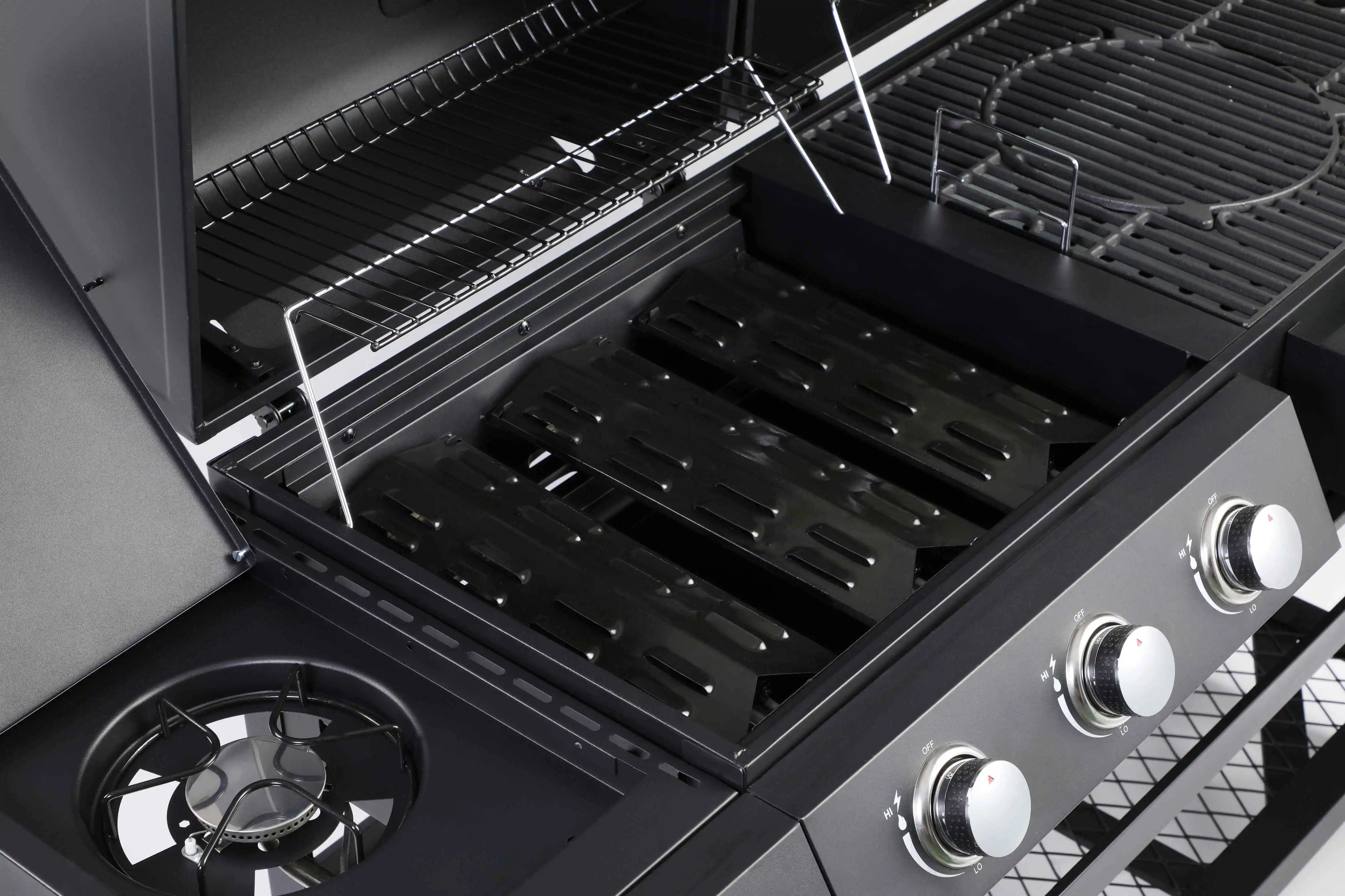 3-Burner Gas & Charcoal Outdoor Grill with Side Smoker Easily Cleaned Steel Powder Coated Finish for Family Gatherings