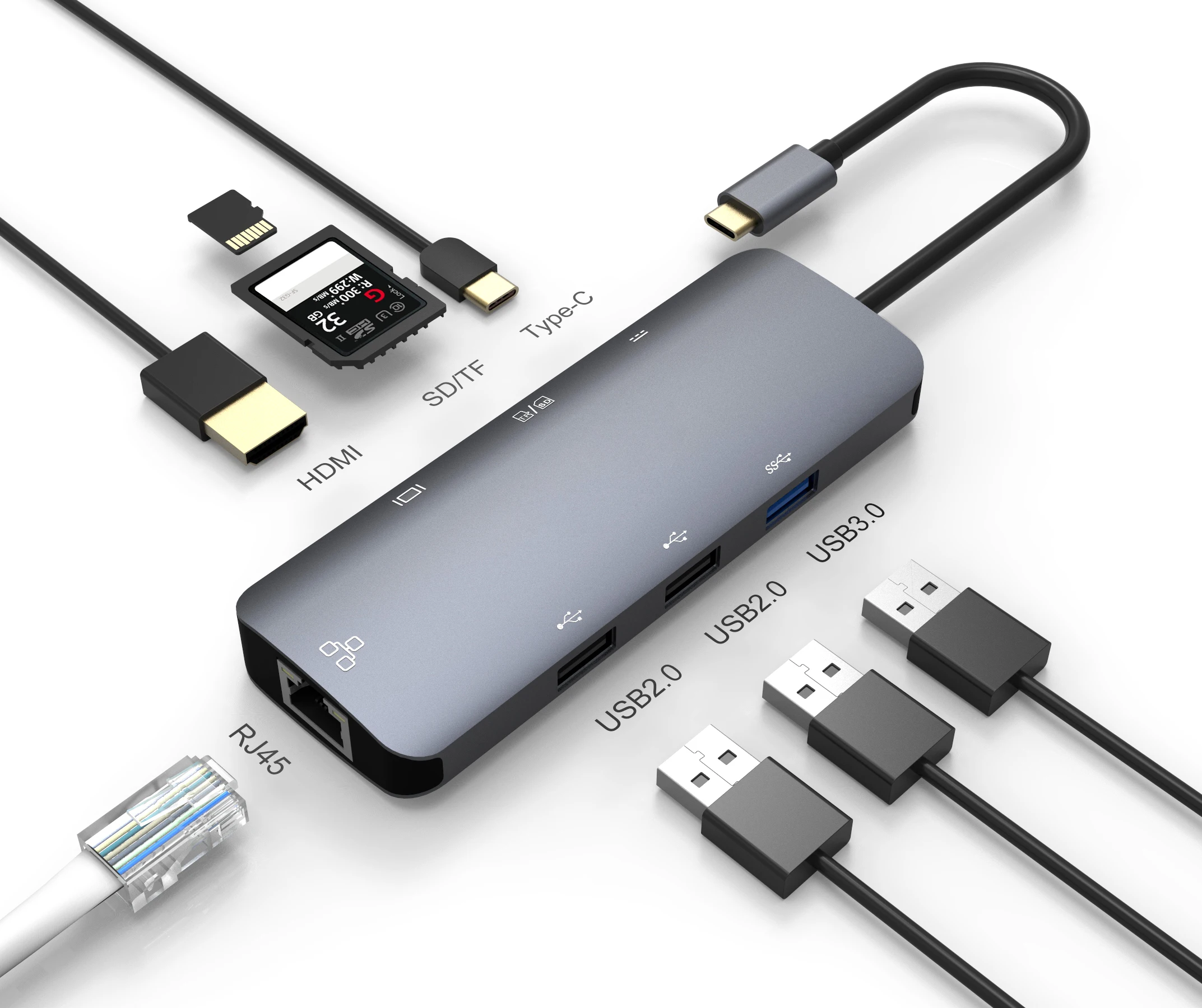 8 in 1 Hub HDM I SD/TF USB 2.0 3.0 RJ45 Tyoe C 60W  all in 1 8 Ports  USB C Hub for PC / Tablet / Mobile Phone