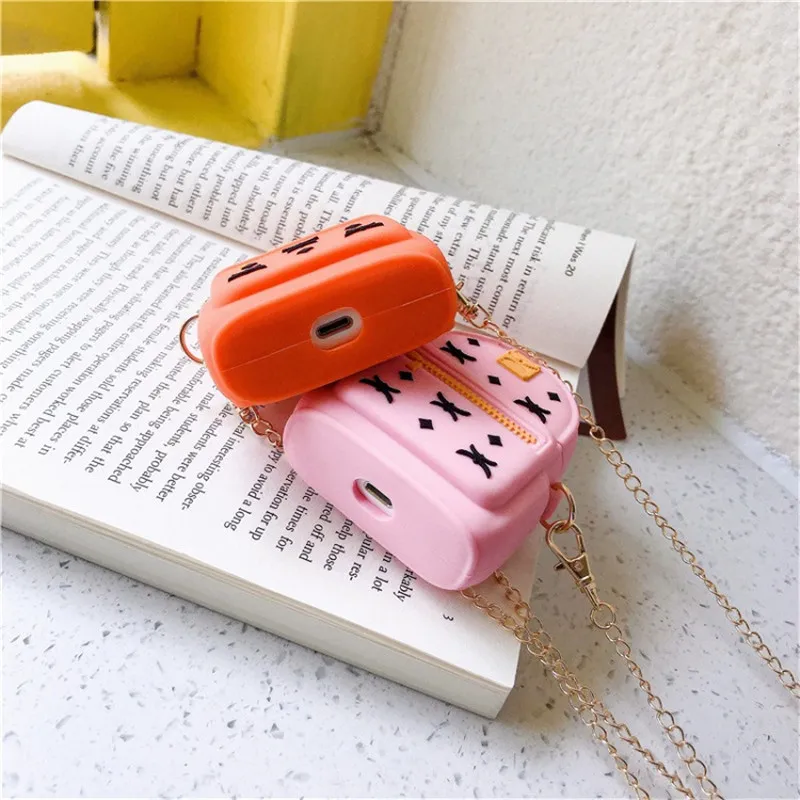 Luxury Brand 3D Cute Cartoon Diagonal Bag Silicone Earphone Cases For Airpods 3 2 1 Pro Charging Protective Box With Metal Chain