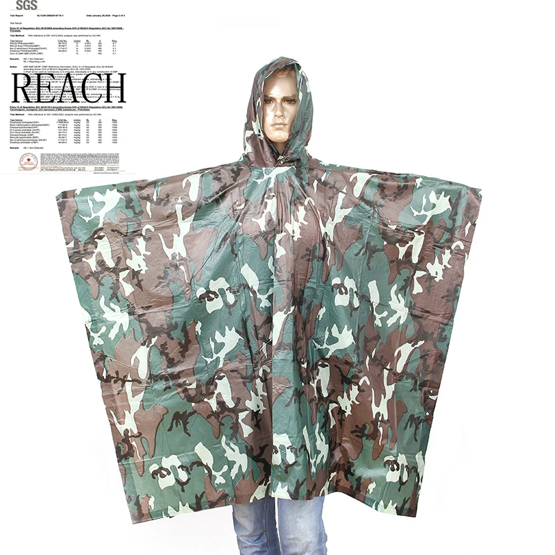 REACH factory waterproof army green rain poncho raincoat durable non disposable reusable camouflage raincoat