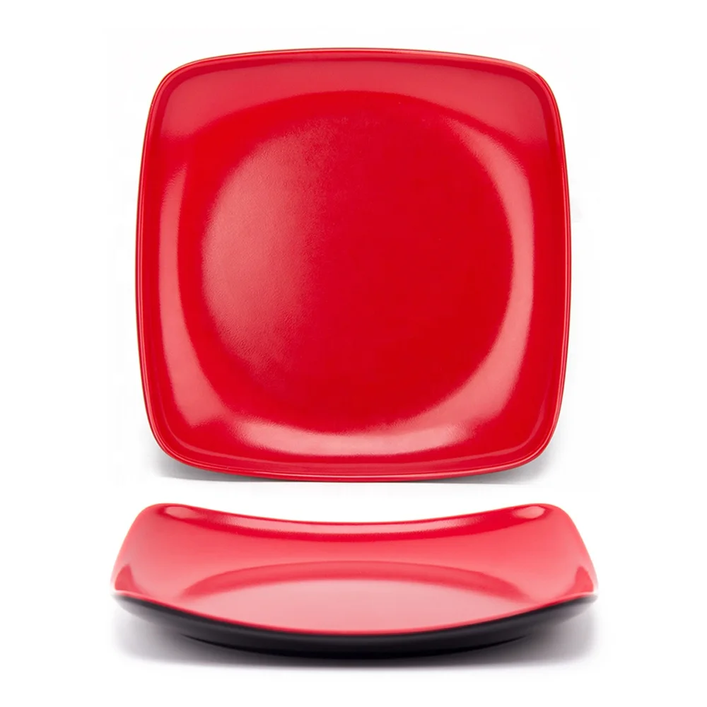 Restaurant Melamine Tableware Black and Red Square Corner Plate Melamine Plastic Western Plate