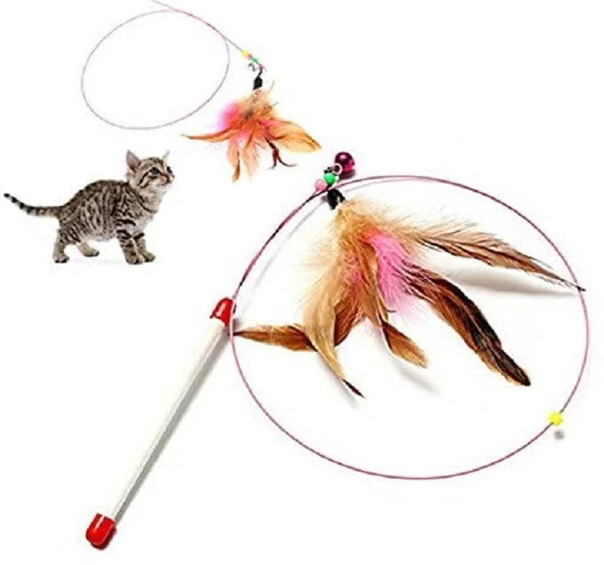 Manufacturer Wholesale Pet Wire Dangler Wand with Beads Bells and Feather Interactive Cat Teaser Toys