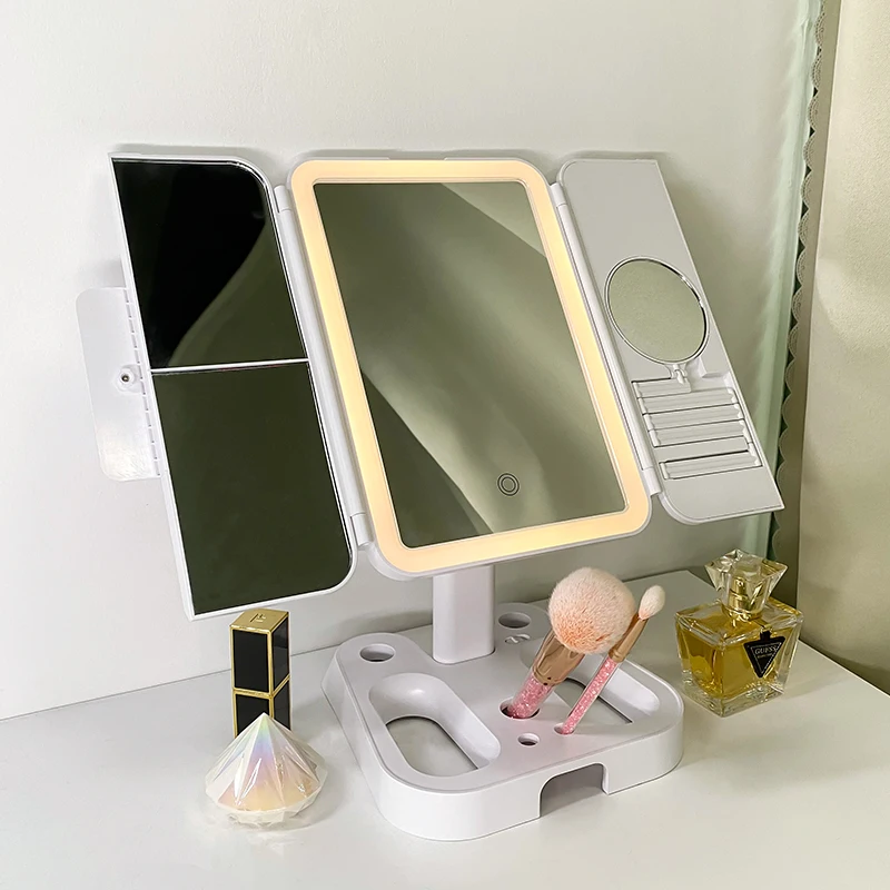 New Fashion Lighted Makeup Mirror Adjustable 3 Way Led Light Smart illuminated Trifold Vanity Lighted Mirror