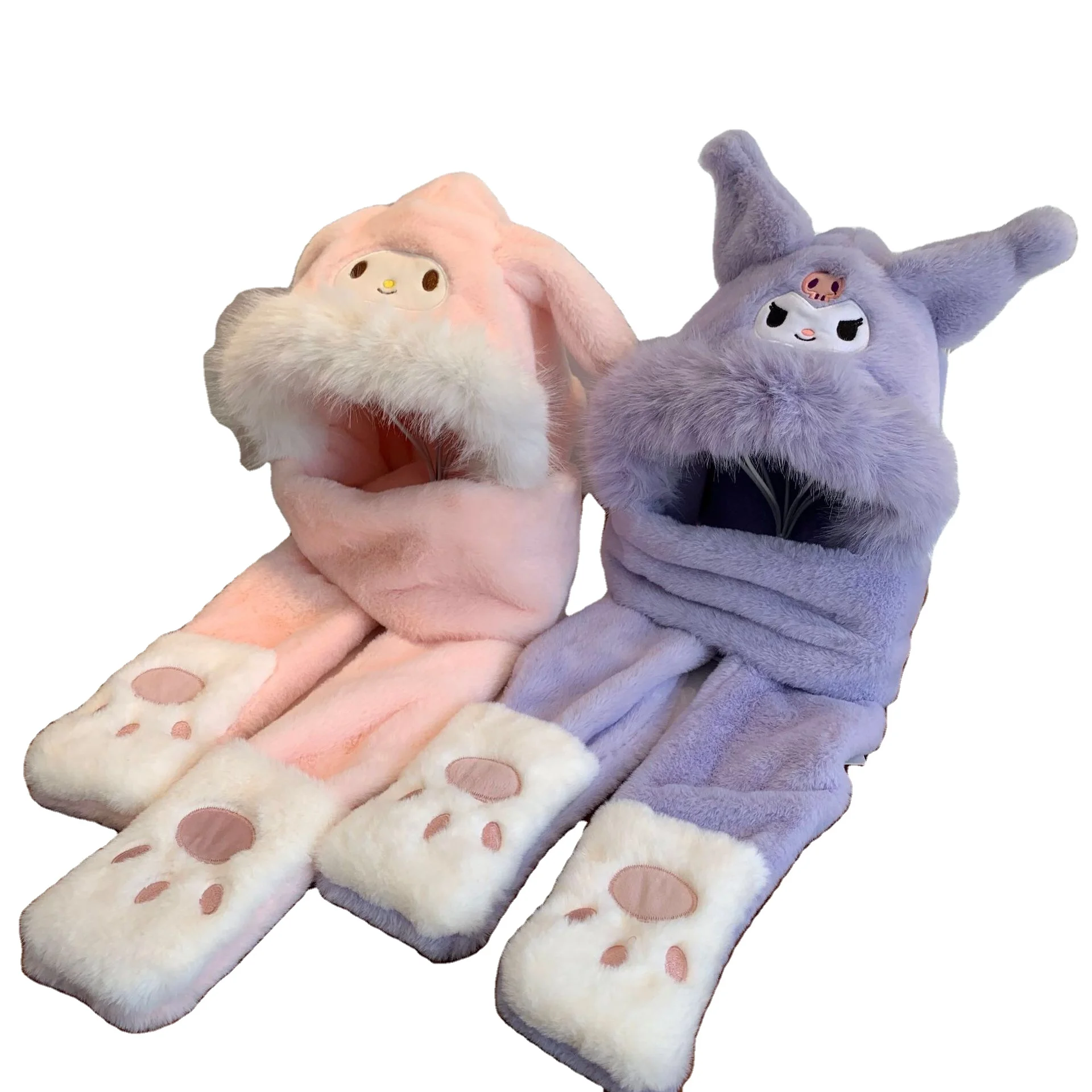 3pcs/set Kawaii Melody kulomi Cute Scarf Cute Y2k Girl Plush Scarf Hooded Children Warm Gloves Hats Scarves All In One Winter