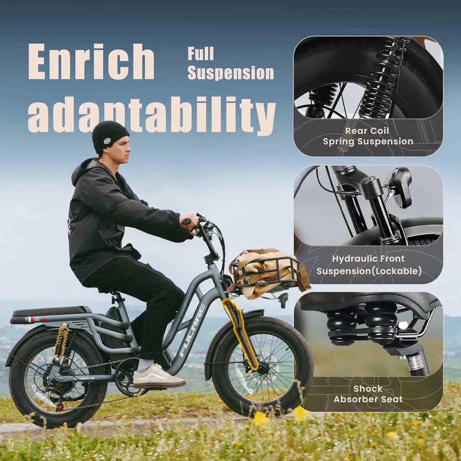 Fucare Libra US Stock 400LBS Max Load Fat Tire Full Suspension 2 Seat E-Bike 750W 48V 20Ah Long Range Electric Bike for Adults