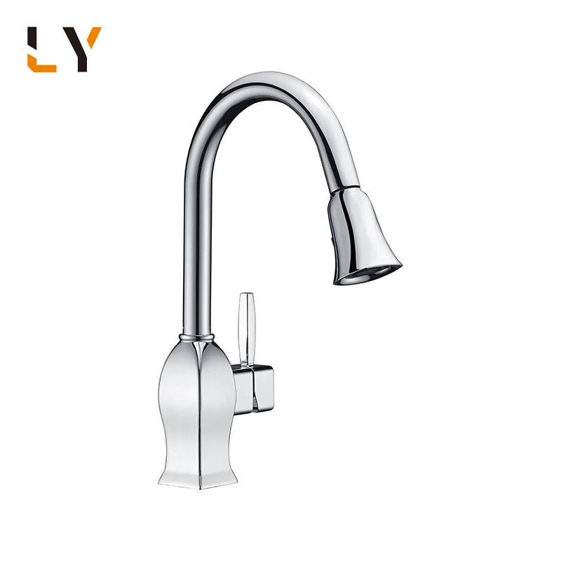 Elegant Chrome Single Handle Pull Out Rubber Nozzle Kitchen Sink Faucet Tap