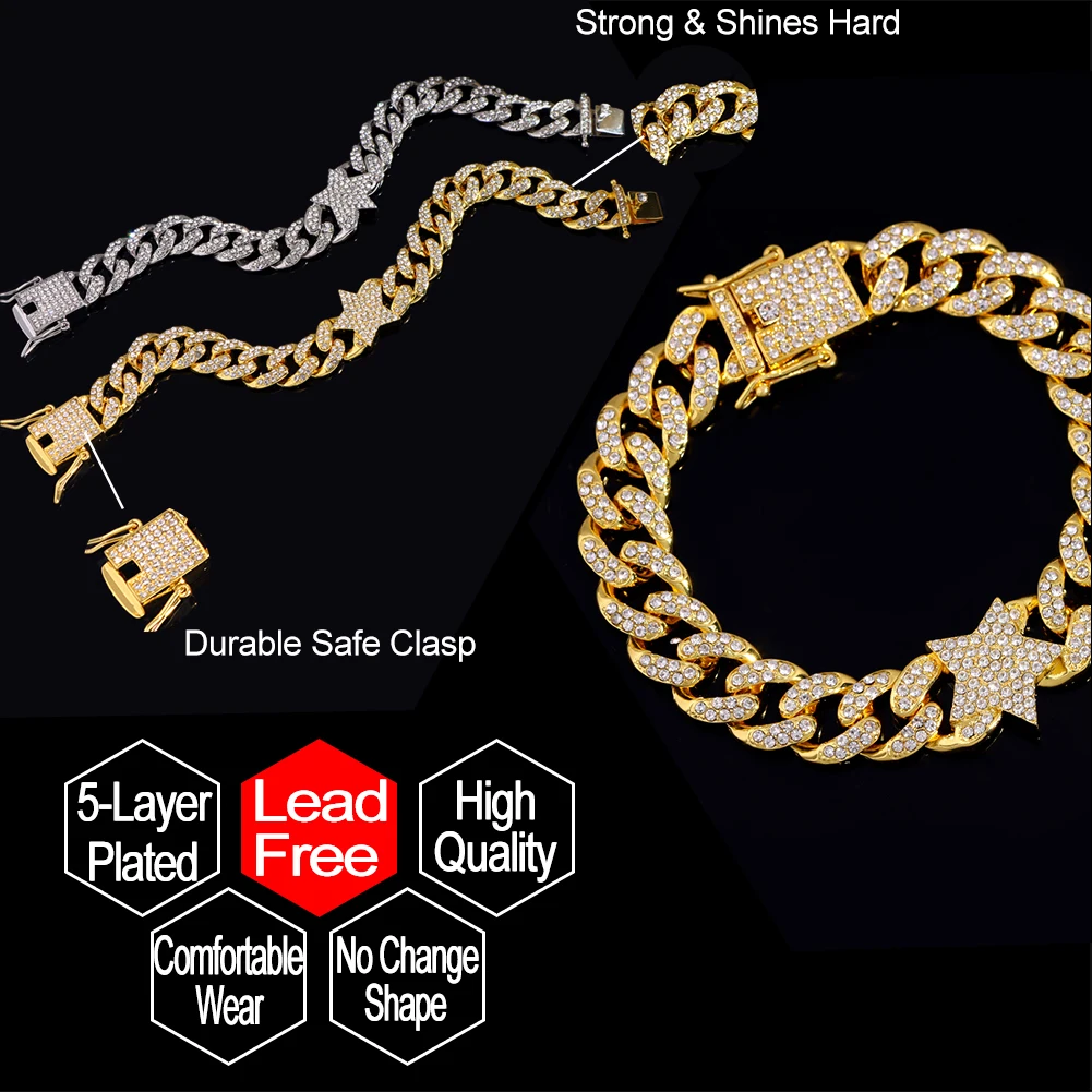 Fashion Icy Cuban Chain Star Charms Necklace Iced Out CZ Diamond Miami Cuban Link Chain Choker Necklace For Men