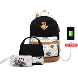 New 3pcs/Set Girl Backpack Custom Print Leisure Canvas Schoolbag Travel Backpack with usb charging