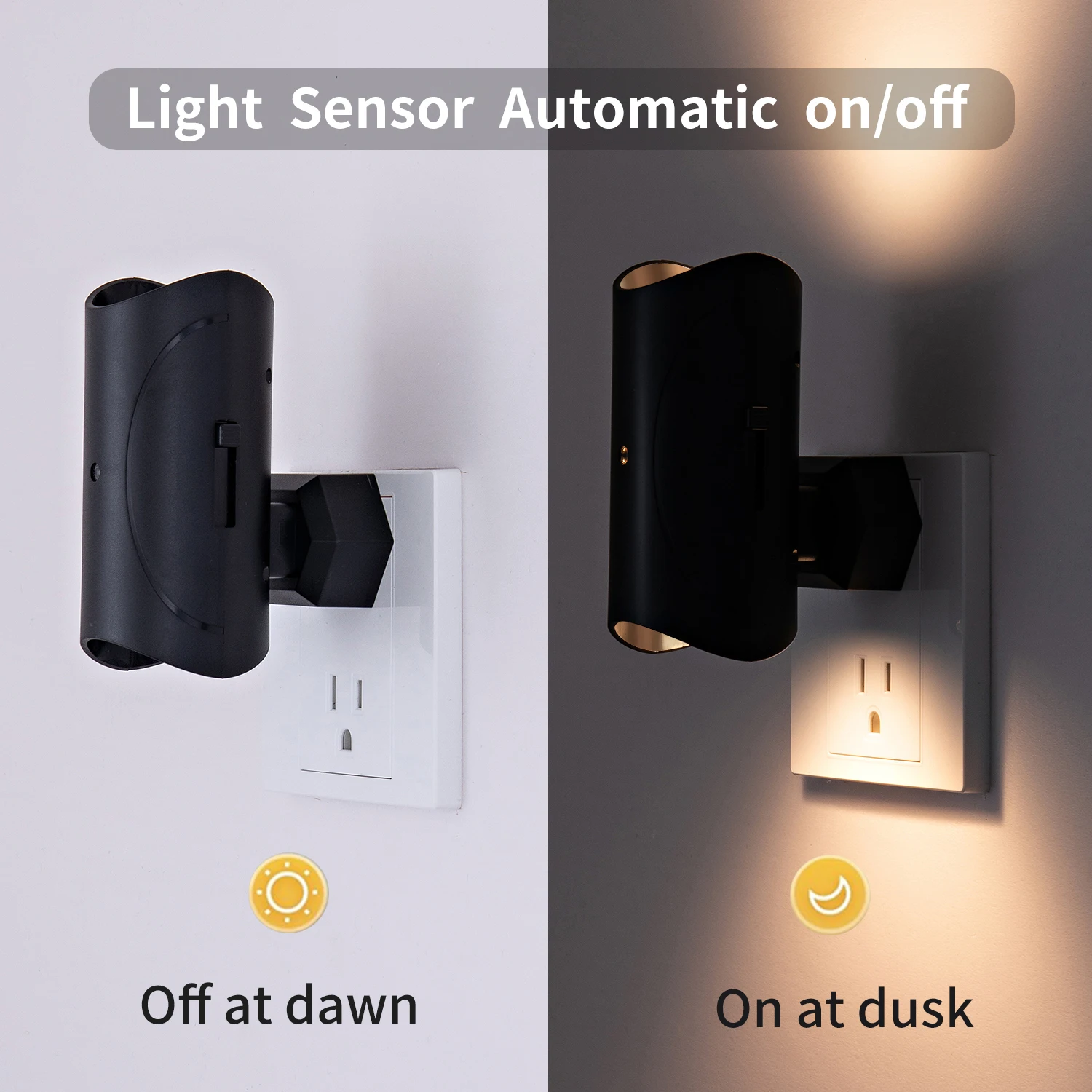 Modern Dimmable LED Night Lights 3000K Soft White Dusk Dawn Sensor 0-100LM Adjustable Brightness Plug Wall Black Square 2 Packs