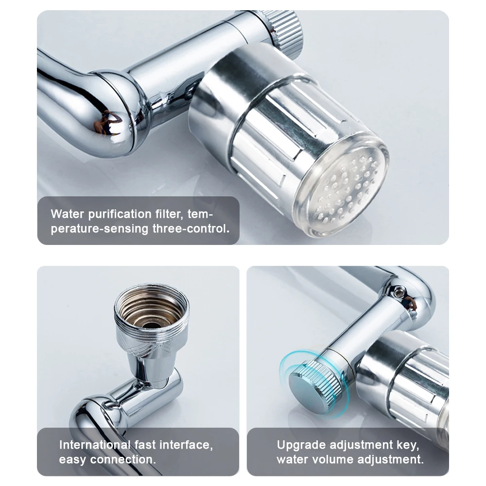 Rotary Faucets LED Temperature Sensitive 3-Color Light-up Water Saving 1440 Degree Swivel Faucets Nozzle Tap Adapter
