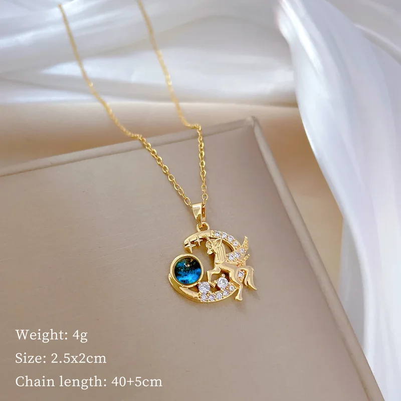 Trendy Luxury Gold Plated Stainless Steel Chain Horse Moon Planet Pendant Necklace for Women Girls Titanium Steel Jewelry