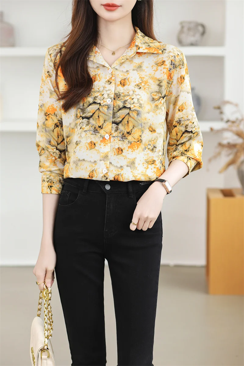 New Yellow Floral Printed Chiffon Ladies Shirts Long Sleeve Top Loose Blouse Femme