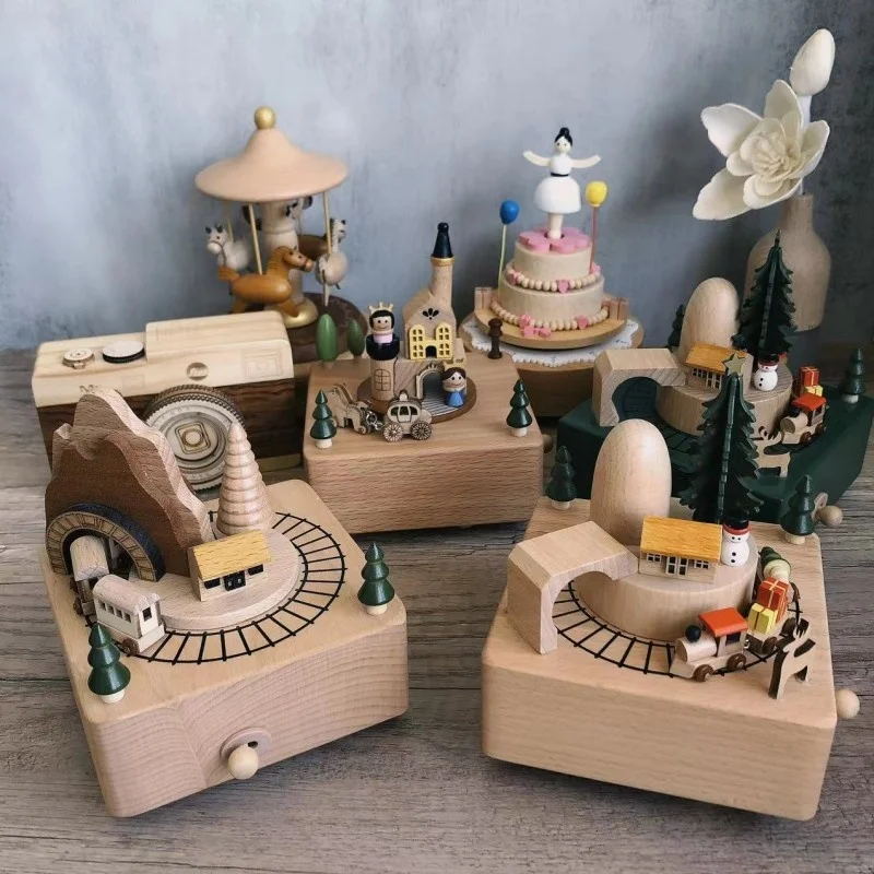 2024 Creative Retro DIY Wooden Ornaments Handmade Wooden Music Box Rotation Carousel Music Box For Birthday And Holiday Gifts