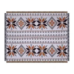 Camping Nordic Ethnic Stripes Pattern Cotton Foldable Boho Picnic Blanket with Tassel Leather Strap