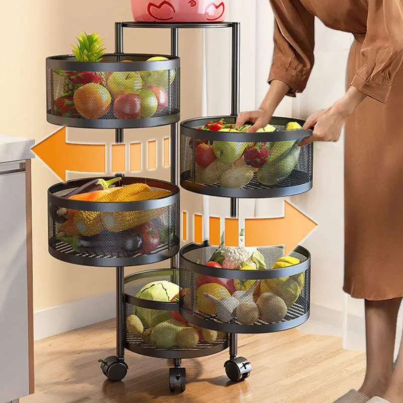 Hot Sale Kitchen Trolley Cart Storage Rack Shelf Multi-layer Vegetable Fruit Basket 360 Degree Rotating Baskets Rack With Wheels