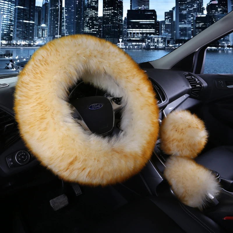 
Universal Steering wheel Plush Car Winter fur Hand Brake Gear Cover Set Car Accessories Steering Wheel Covers 