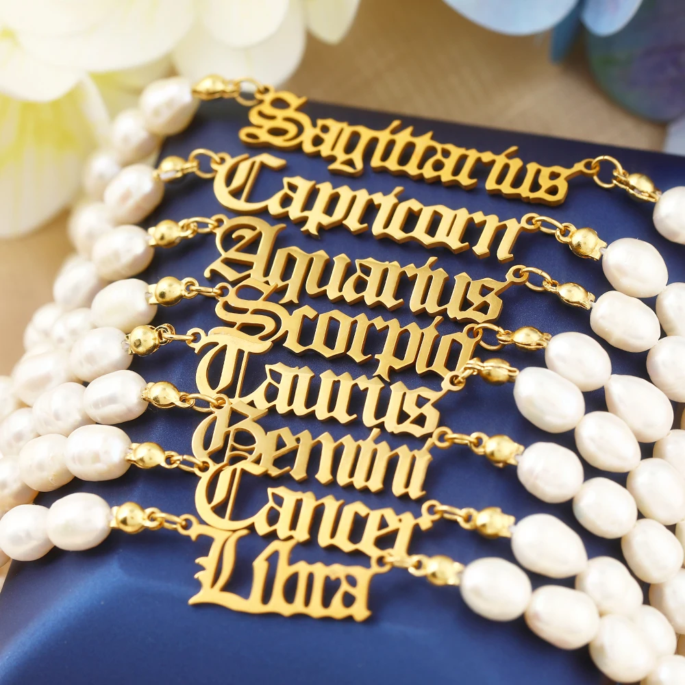 Elegant Baroque Fresh water Pearl Choker Necklace 18K Gold Stainless Steel Zodiac Pendant Necklaces for women