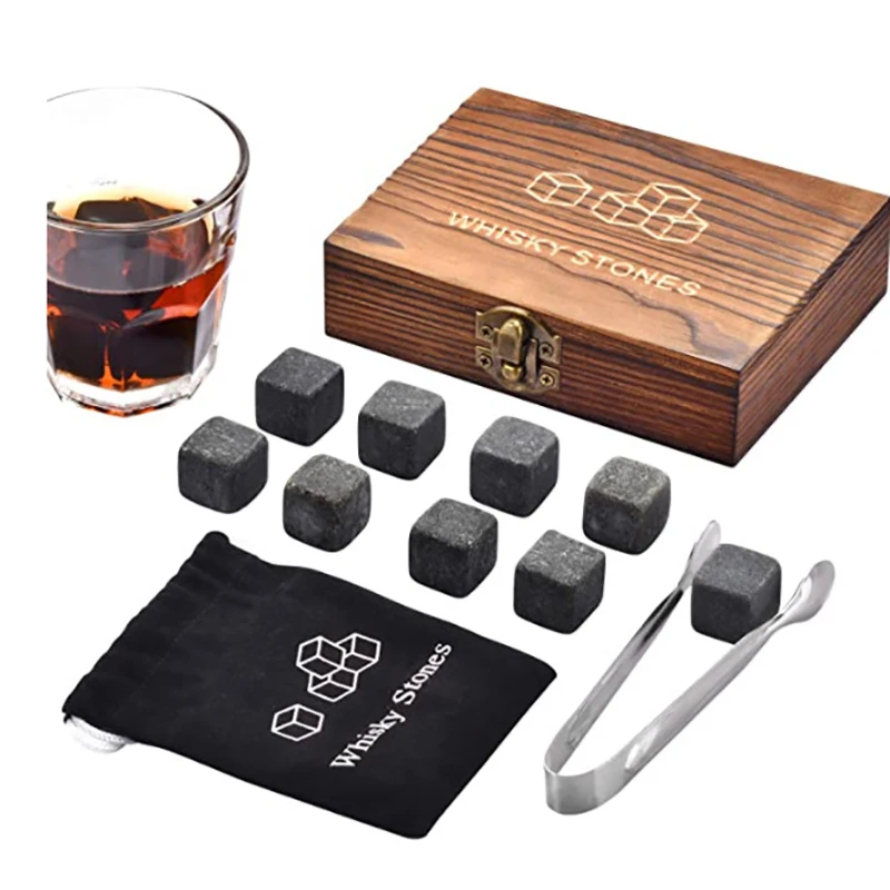 Christmas Bar tools 9pcs/set Natural Granite Whisky Chilling Stones Reusable Beer Wine Whiskey Cooling Rocks in wooden box