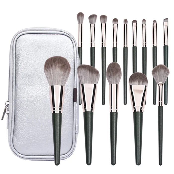 Wholesale 14pcs Textured Green Wooden Handle Rose Gold Ferrule Synthetic Hair Makeup Brush Set