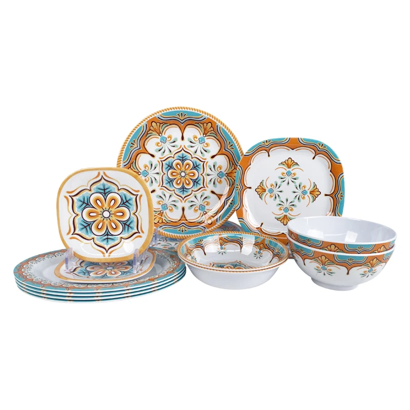 Indoor and Outdoor Use and Dishwasher safe 12 pcs Luxury Dishes Plate And Bowl service for 4 melamine dinnerware set